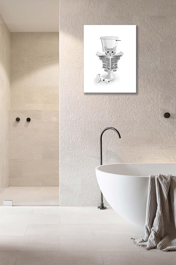 Cat Bathroom Wall Art Black and White Cat Pictures Wall Decor Funny Animal Cat Canvas Painting Print Modern Home Decoration Artwork Framed 16"x24"
