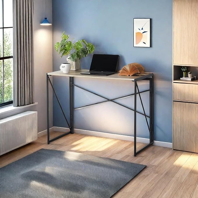 Homy Casa 39.4 Inch Foldable Laptop Desk, Space-Saving Computer Table with No Assembly Required, Sturdy Metal Frame, Minimalist Design for Home Office, Study, or Small Spaces, Oak