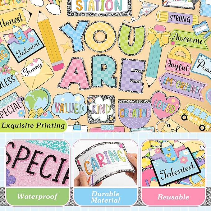 45pcs Colorful Composition Affirmation Station Bulletin Board Set Motivational Posters Classroom Mirror Growth Mindset Decor Positive Affirmations Accents Cutouts for School Office Home Wall