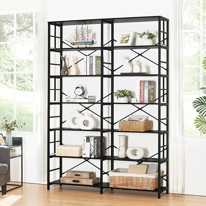 HOMISSUE Bookshelf, Industrial Double Wide 7-Tier Bookshelves, 84" Tall Bookcase with Open Shelves, Heavy Duty Bookcases with Storage for Living Room Home Office, Black
