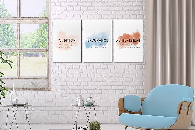 Office Canvas Wall Art Motivational Wall Decor, 3 Piece Ambition Endurance Achievement Print Pictures for Office Wall Decor Women Inspirational Framed Artwork Home Office Decor 12”x18”x3 Panels
