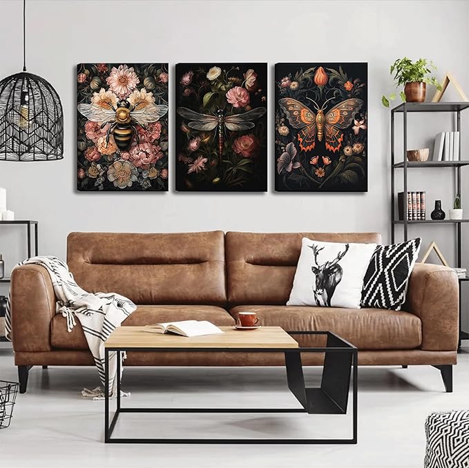 3pcs Dark Floral Canvas Wall Art Vintage Butterfly Dragonfly Bee Painting Picturts Wall Decor Gothic Dark Academia Aesthetic Posters Print Artwork for Bedroom Living Room Home Decoration 16x24in