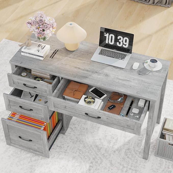 Farmhouse 47" Executive Desk with File Drawer, Wood Computer Desk with 3 Storage Drawers, Workstation for Home Office, Study, Writing(Grey)