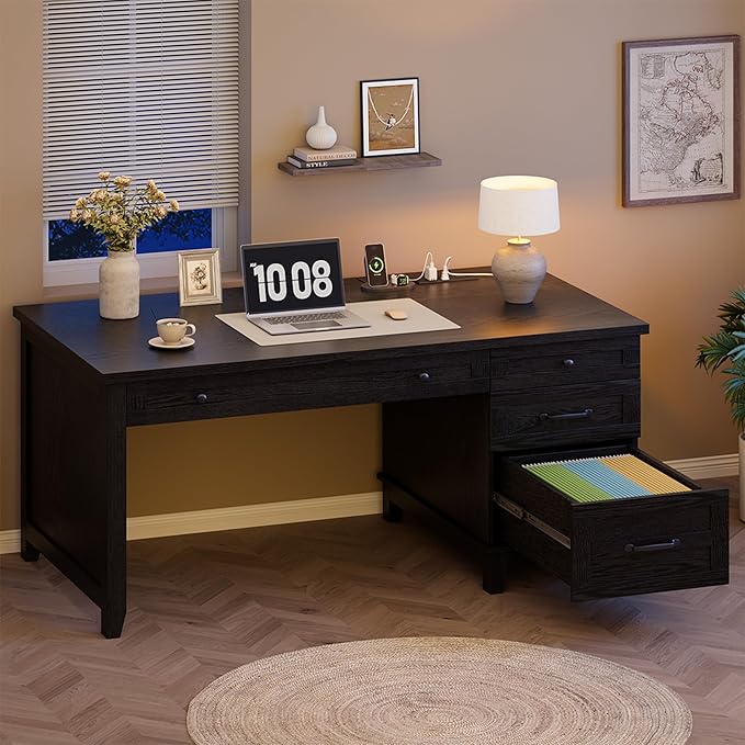 GarveeHome Farmhouse Executive Desk with Drawers, 53.54 in Home Office Desk with Charging Station, Wooden Computer Desk with File Cabinet Storage for Work Study Writing, Rustic Black