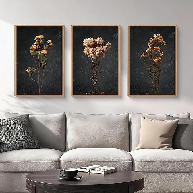 HOURIA Moody Boho Floral Framed Canvas Wall Art Set,Vintage Black Flower Wall Decor,Mid Century Minimalist Wildflower Artwork,Nature Retro Botanical Art Print for Living Room,Bedroom,Office- 16"x24"x3
