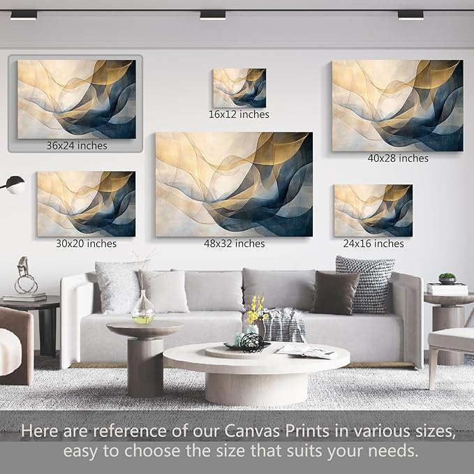 gaosoul Blue Gold Abstract Canvas Wall Art Original Oil Painting Giclee Print of Dynamic Curves Light Blue Champagne Tones with Textured Brushstrokes for Home Office Decor Framed 36x24in