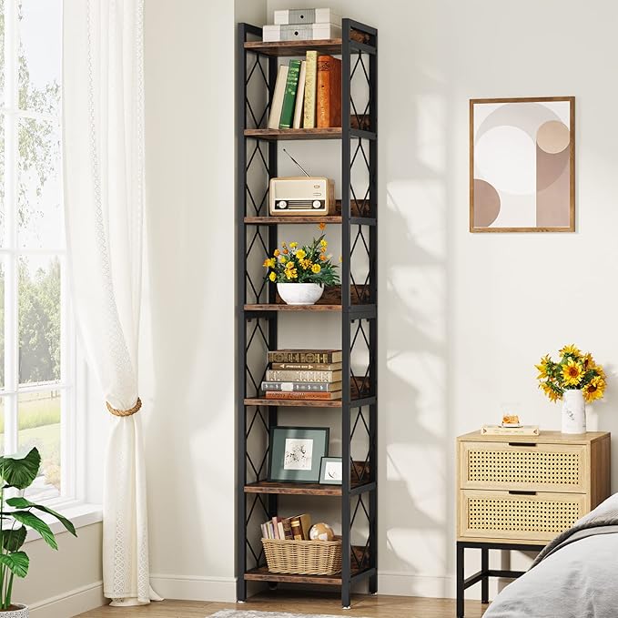 Tribesigns 78.7 Inch Extra Tall Narrow Bookshelf Set of 2, 7 Tier Skinny Bookcase for Small Spaces, Freestanding Display Shelves, Multifunctional Corner Storage Organizer for Home Office, Rustic Brown