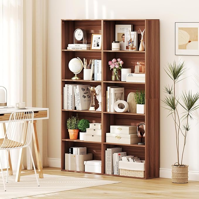 Giantex 5-Tier Bookshelf, Freestanding Bookcase with 5 Open Shelf, Modern Display Shelf, Storage Organizer for Living Room Bedroom Home Office, Walnut