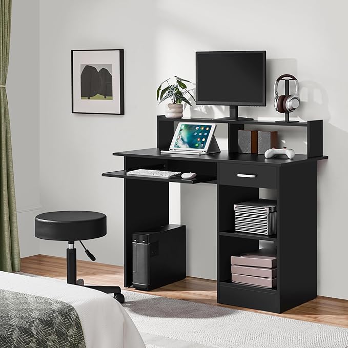 Yaheetech Home Office Wood Computer Desk with Drawers and Pull-Out Keyboard Tray, Study Writing Desk PC Laptop Table with Hutch and Storage Shelves, Modern Workstation, Black