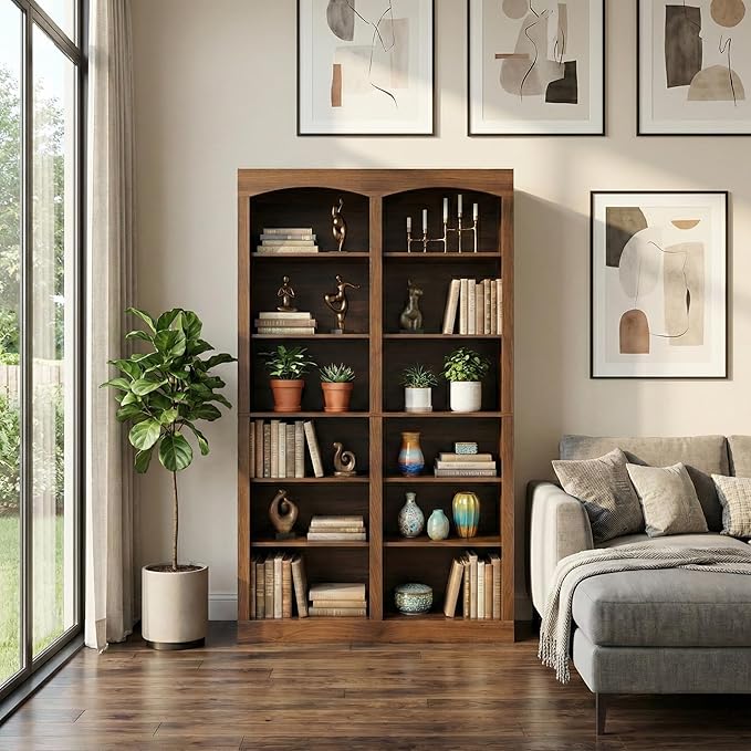 71" Tall Bookcase, Double Wide Rustic Brown Bookshelf with Arched Design, 12-Tier Open Wood Display Shelf Storage Organizer for Living Room, Home Office (41.6" W x 70.8" H)