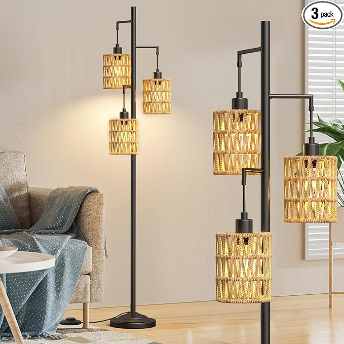 3 Lights Rattan Floor Lamps with ON/Off Foot Switch Tree Standing Lamp with Wood Rattan Lampshades Boho Floor Lamp Tall Pole Lamp for Living Room Bedroom Office, 3 PCS 6W Bulbs Included