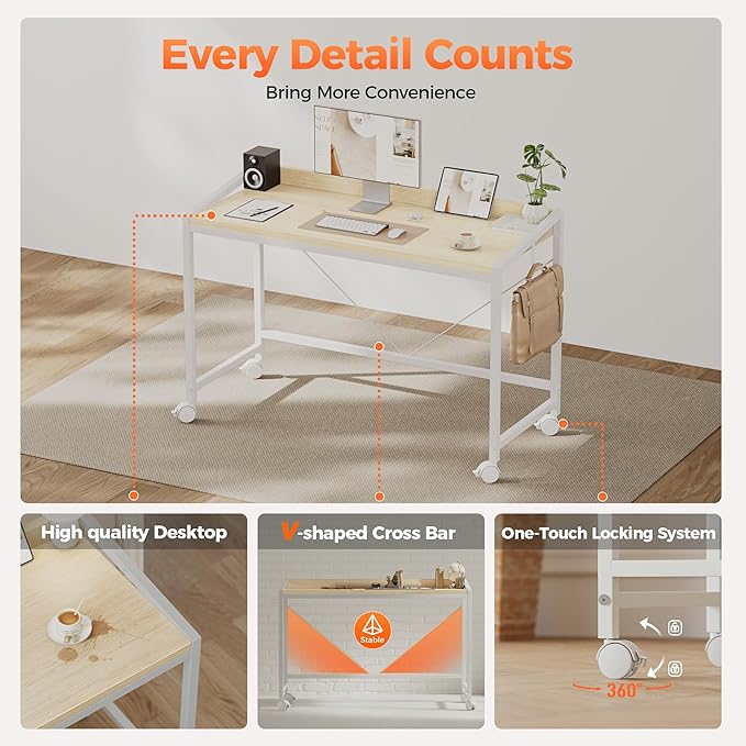 Mericonia 48 inch Rolling Computer Desk with Wheels, Gaming Desk for Small Spaces, Modern Simple Style Table for Home Office, Study Writing Table