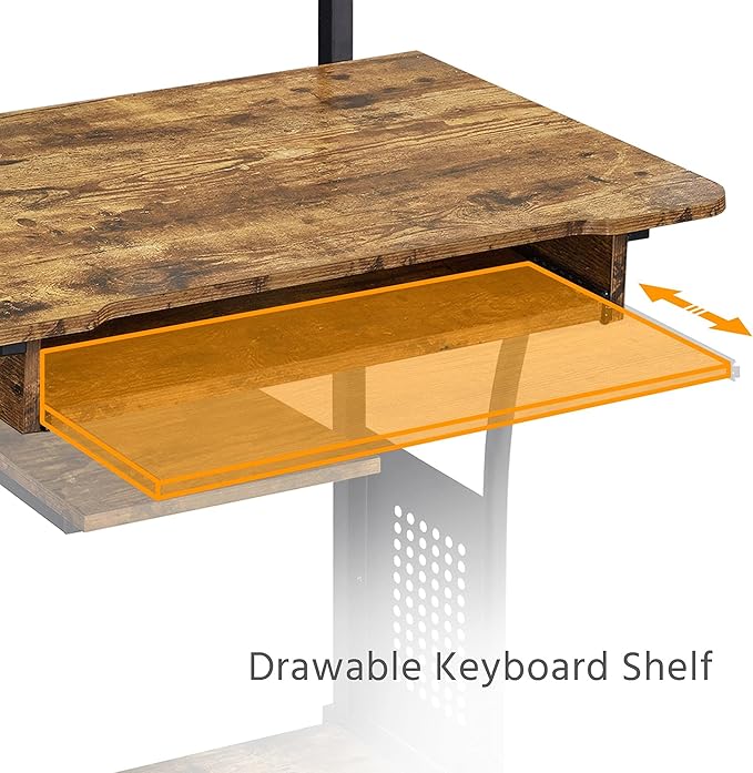 Yaheetech 3 Tiers Rolling Computer Desk with Keyboard Tray and Printer Shelf for Home Office, Mobile Computer Desk for Small Space, Retro Computer Table Compact PC Laptop Workstation, Rustic Brown