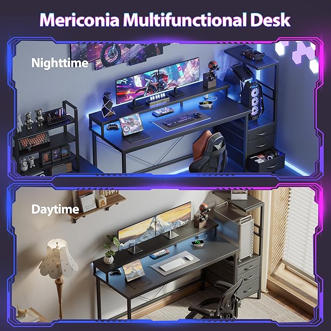 Mericonia Gaming Desk with Power Outlets & LED Lights, Reversible Computer Desk with PC Case Stand, Fabric Drawers, Modern Office Desk with Shelves, Monitor Stand