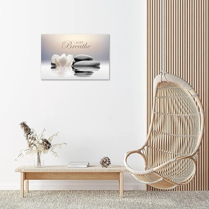 Zen Stone Canvas Wall Art Just Breathe Yoga Quotes Poster for Spa Decor White Lotus Flower Pictures Prints for Bathroom Modern Spiritual Artwork Framed (20 x 30inches)