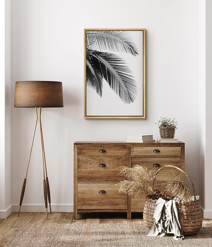 SIGNFORD Framed Canvas Print Wall Art Palm Leaf Trio Botanical Wilderness Photography Realism Minimalist Relax/Calm Duotone Black and White for Living Room, Bedroom, Office - 16"x24" Natural