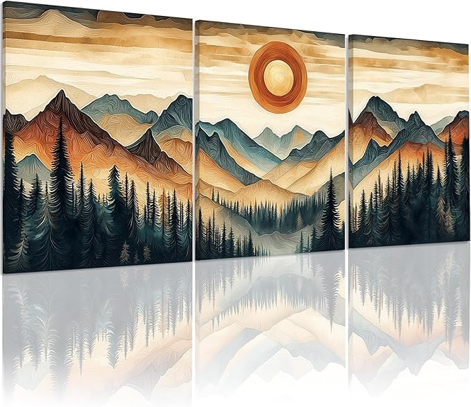 Framed Mountain Canvas Wall Art, Tree Ring Landscape Wall Decor, Forest Scenery Wall Art for Bedroom Bathroom Kitchen Living Room Home (Framed, 12x16in, Set of 3)