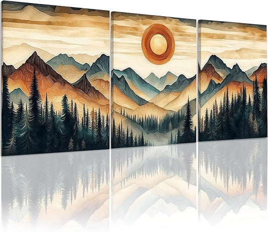 Framed Mountain Canvas Wall Art, Tree Ring Landscape Wall Decor, Forest Scenery Wall Art for Bedroom Bathroom Kitchen Living Room Home (Framed, 12x16in, Set of 3)