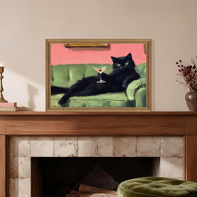 Fantasy Artists Humorous Black Cat Character Wall Art – Relaxed Anthropomorphic Illustration with Playful Attitude, Framed Canvas for Living Room, Office or Creative Space, 16W X 24H
