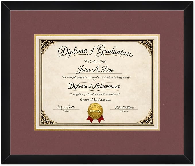 Diploma Frame Matte Black with Dark Red Over Gold Double Mat - Fits 13 x 10 College Diploma (Traditional) Wall Display Made in the USA