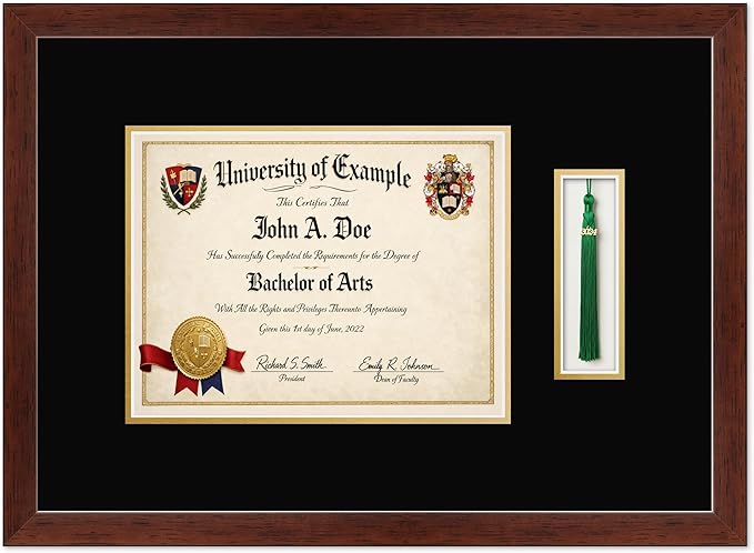 CountryArtHouse Diploma and Tassel Frame Fits 11 x 8.5 US Letter Certificate with Tassel Hoo Rustic Walnut Genuine Hardwood Shadowbox with Black Over Metallic Gold Double mat