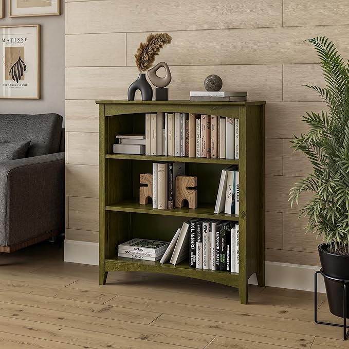 Camaflexi Shaker Style 3 Shelf Bookcase/Solid Wood / 36" High/Adjustable Shelving/Closed Back/Display Bookshelf for Living Room, Bedroom, Home and Office, Olive Grove Green