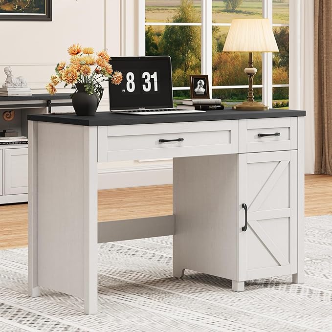 Farmhouse 47" Executive Desk, Computer Desk with Drawers and Storage Cabinet, Workstation Computer Desk for Home Office and Study(Black