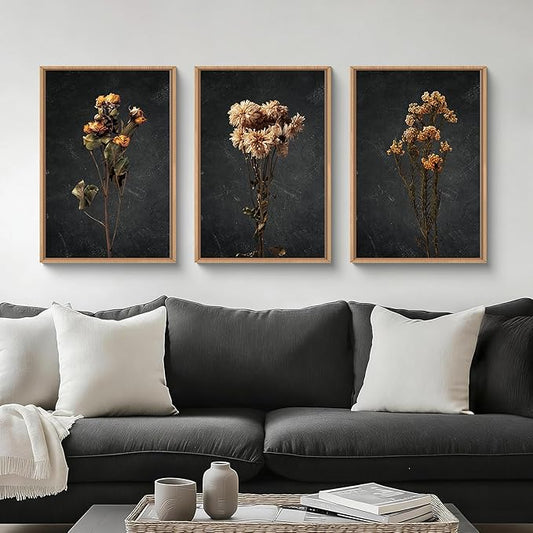 HOURIA Moody Boho Floral Framed Canvas Wall Art Set,Vintage Black Flower Wall Decor,Mid Century Minimalist Wildflower Artwork,Nature Retro Botanical Art Print for Living Room,Bedroom,Office- 16"x24"x3