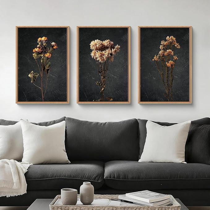 HOURIA Moody Boho Floral Framed Canvas Wall Art Set,Vintage Black Flower Wall Decor,Mid Century Minimalist Wildflower Artwork,Nature Retro Botanical Art Print for Living Room,Bedroom,Office- 24"x36"x3