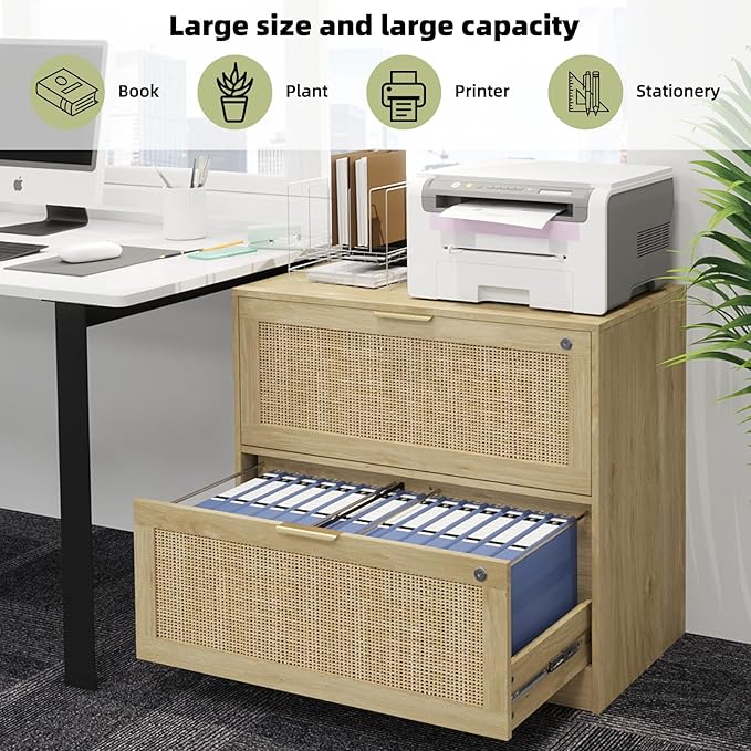 HOPUBUY 2 Drawer File Cabinet with Lock, Printer Stand Lateral Filing Cabinets for Home Office and School, Wood Rattan File Cabinet for Hanging Files/Letter/Legal/A4/F4 Size, Natural Wood