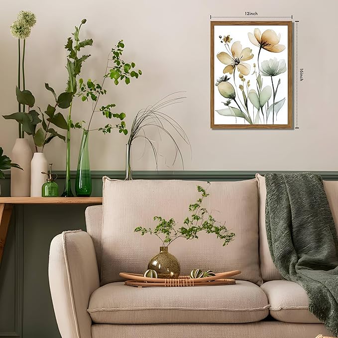 Wood Framed Sage Green Botanical Wall Art Set of 3, Boho Floral Canvas Wall Decor Paintings, Minimalist Flower Posters Prints Pictures for Bedroom Bathroom Living Room Home Decor 12x16 Inch