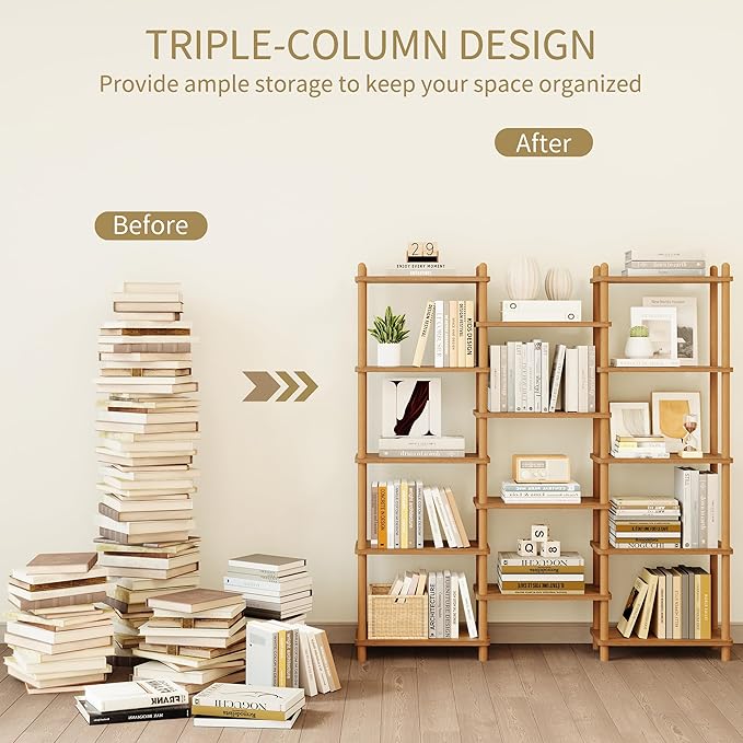 IOTXY Wooden Triple Wide Bookshelf - 5-Tier Large Shelf Bookcase with Solid Beech Frame, Tall Freestanding Open Etagere Display Rack for Home Office, Oak