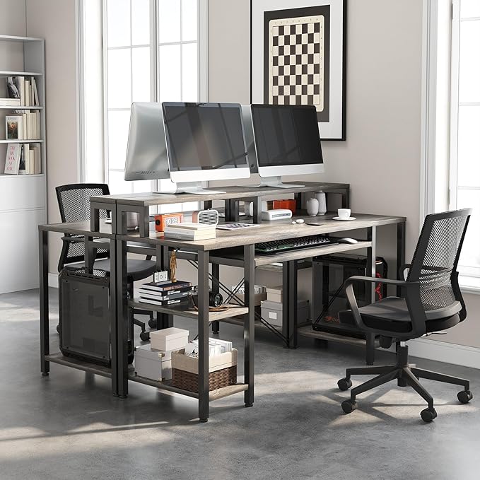 VERMESS Computer Desk- 48 Inch Home Office Desk with Keyboard Tray, 47" Gaming Desk with Full Monitor Stand & Storage Shelves & CPU Stand, Modern Study Writing Table with Shelf for Storage, Gray Oak