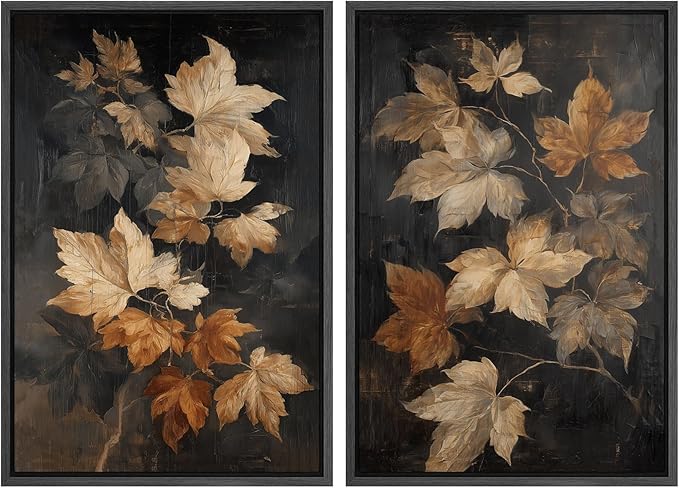 SIGNWIN Framed Canvas Print Wall Art Set Golden Brown Botanical Leaves Vintage Nature Illustrations Modern Art Minimal Boho Relax/Calm for Living Room, Bedroom, Office - 24"x36"x2 Black