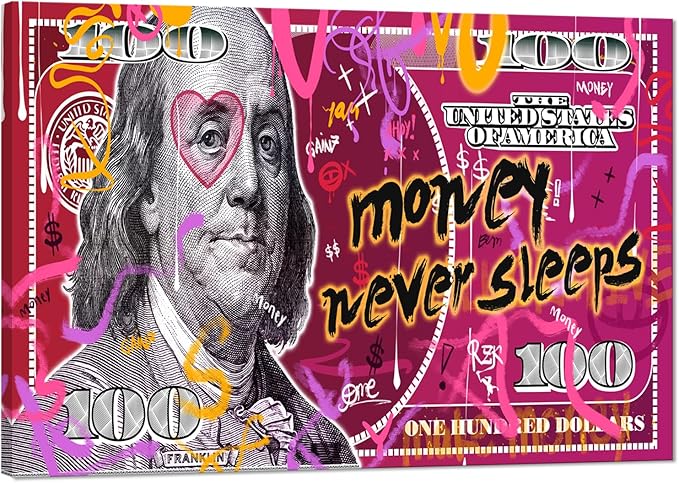 100 Dollar Bill Wall Art Canvas Print and Graffiti Poster Inspirational People Cash Benjamin Franklin Art Modern Home Decoraction, Stretched & Framed 24"W x 36"H
