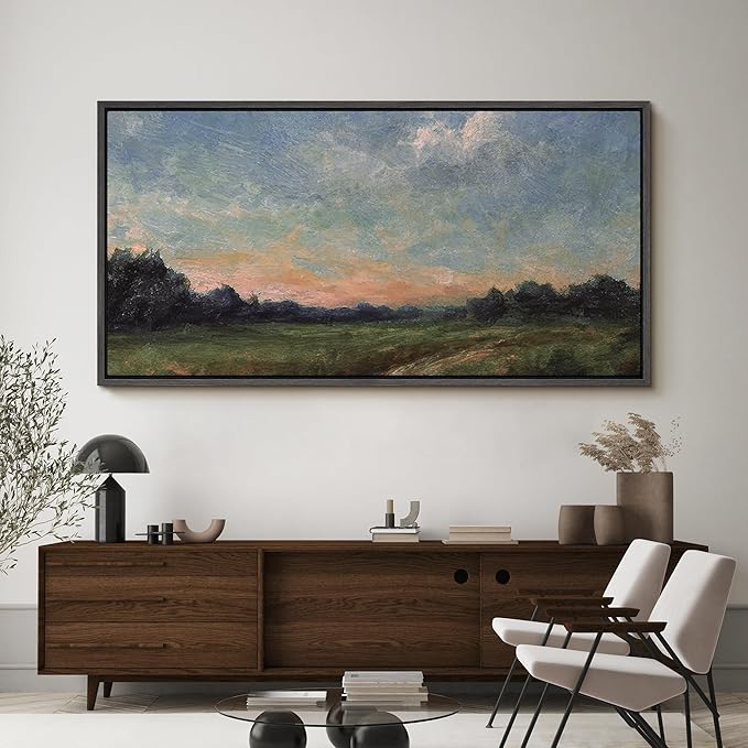 SIGNFORD Extra Large Framed Canvas Quiet Green Field at Dusk Illustrations Modern Art Calm Warm for Living Room, Bedroom, Office - 60"x30"