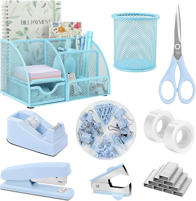 SKYDUE Blue Office Supplies Set, Office Desk Accessories, Mesh Desk Organizer, Stapler, Tape Dispenser, Scissors, Binder/Paper Clips and 1000pcs Staples, Office Supplies for Teacher