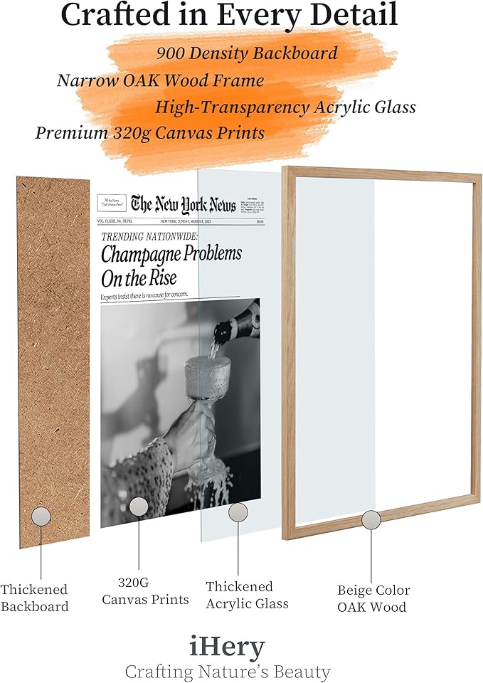 iHery Champagne Problems On the Rise Newspaper Headline Framed Wall Art, Natural OAK Wood Trendy Large 16x20 in Canvas Wall Art Décor For Bedroom Living Room Bathroom Set of 1