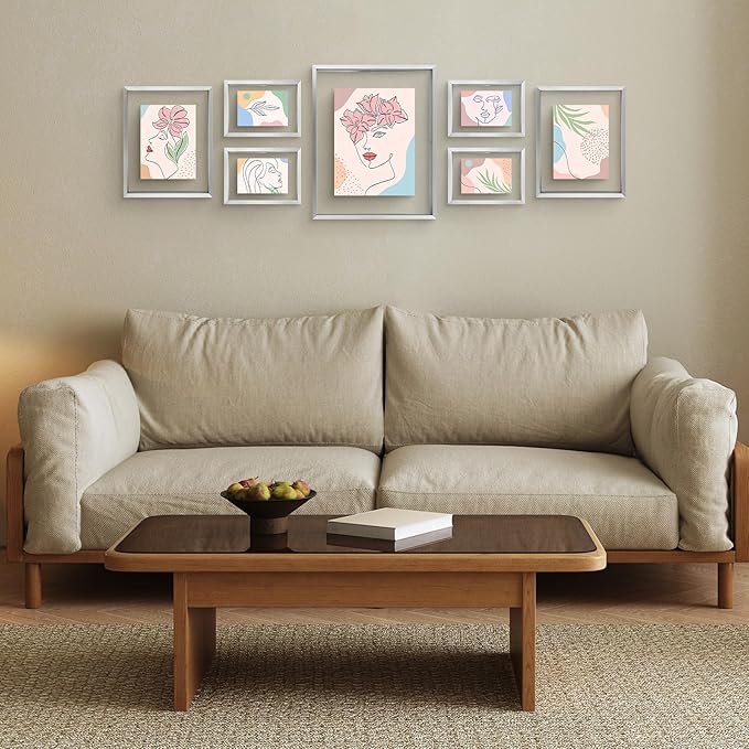 Frametory, Floating Picture Frames Set - Silver Metal Photo Frames - Real Glass - Displays One 11X14, Two 8X10, And Four 5X7 Inch Photos for Home Decoration
