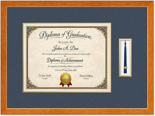 Diploma Frame with Tassel Holder Honey Oak Shadowbox Navy Blue Over Gold Mat - Fits 14 x 11 Degree Made in the USA