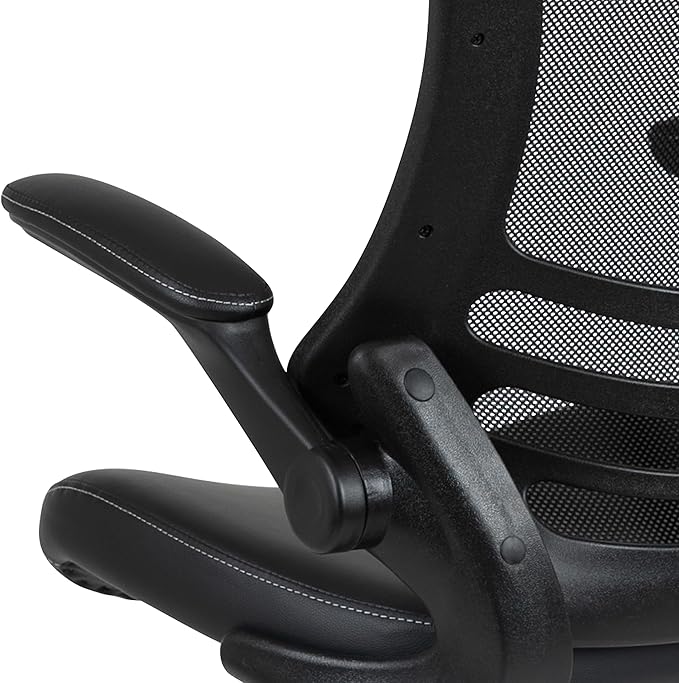 Flash Furniture Kelista Mid-Back Swivel Office Chair with Adjustable LeatherSoft Seat Height, Ergonomic Mesh Chair with Flip-Up Arms, Black