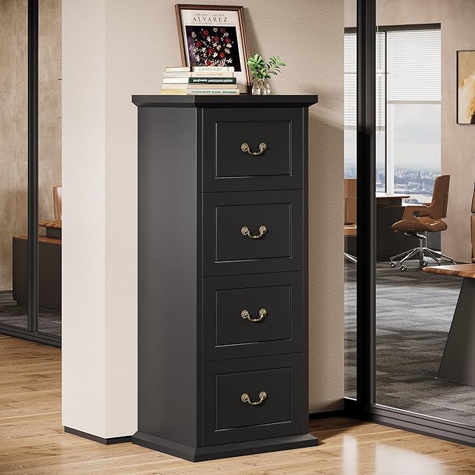 Tribesigns 4-Drawer File Filing Cabinet Set of 2, Vertical File Cabinet Hofice Wood Filing Cabinet for A4 /Letter Size Narrow Tall File Storage for Honhe Office, Black