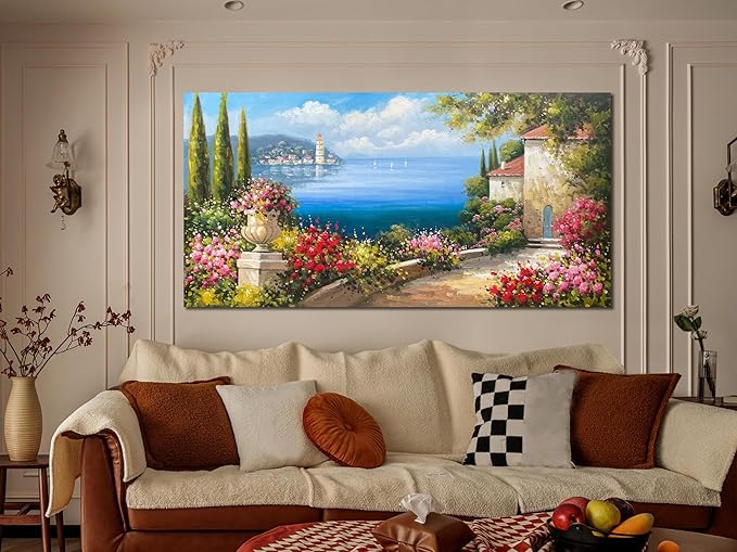 Arjun Landscape Wall Art Canvas for Living Room Mediterranean Seascape Painting Bedroom Flower Blue Ocean Picture Modern Scenery Artwork Framed Home Office Wall Decor, Extra Large 58"x29"