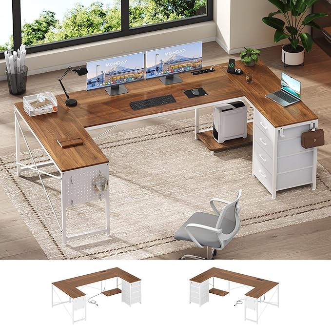 L Shaped Desk, 67" Reversible Computer Desk with 4 Fabric Drawers and Power Outlet, Corner U Shaped Desk with Shelf and Pegboard for Home Office, Brown+White