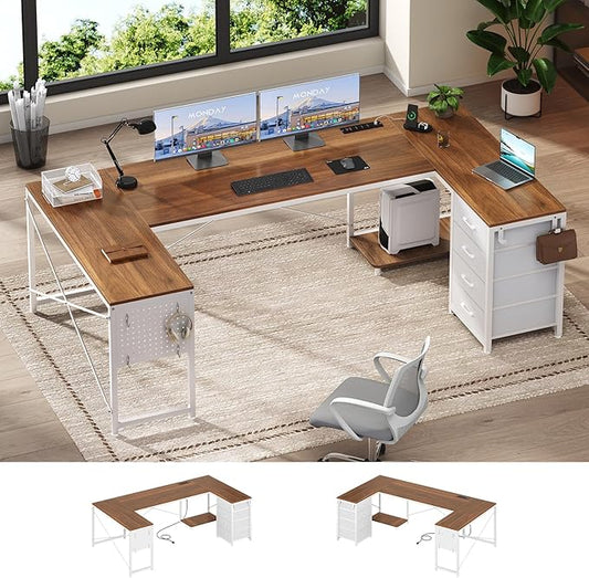 L Shaped Desk, 67" Reversible Computer Desk with 4 Fabric Drawers and Power Outlet, Corner U Shaped Desk with Shelf and Pegboard for Home Office, Brown+White