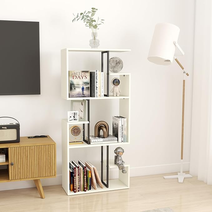 Manora 3 Tier Geometric Bookcase, S Shaped Bookshelf, Modern White Bookcase with Tall Display Shelves, Decorative Storage Shelf for Living Room and Bedroom