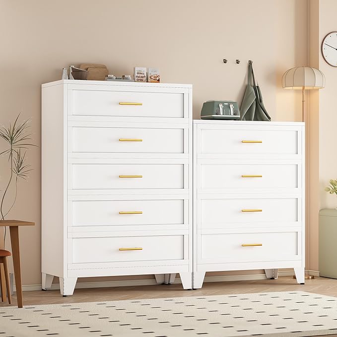 Tall 5 Drawers Dresser for Bedroom, Metal Drawer Dresser Chest Organizer, Drawer Cabinet for Home Office Collection and Storage Small Size Files (White)