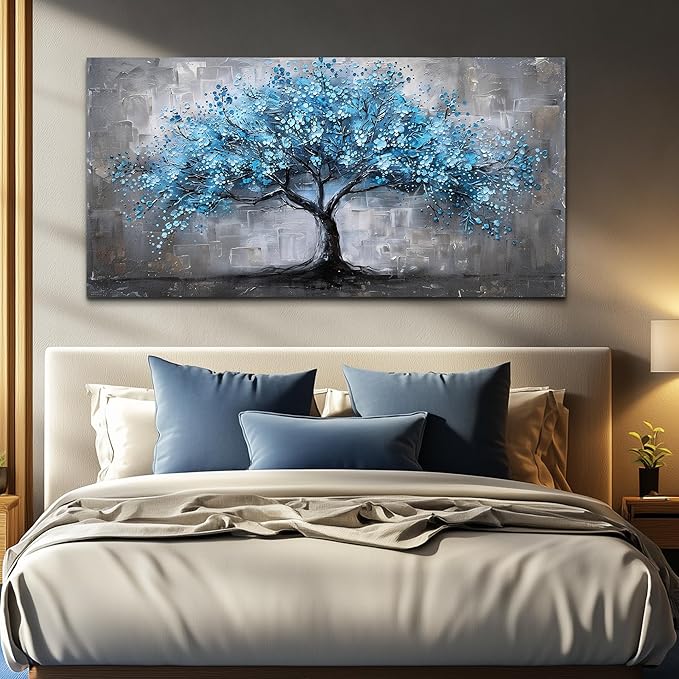 FUHAIHUA Canvas Wall Decor For Bedroom Large Wall Art For Living Room Office Decortions Black And White Paintings Blue Trees Wall Pictures Framed Mural Aesthetic Home Decor Posters Artwork 24x48 In