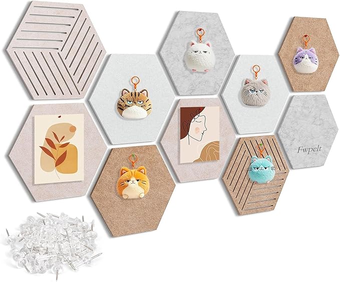 Fwpelt 12'' Large Hexagon Cork-Bulletin Board Tiles Adhesive 10 Pack Frameless Corkboard Hexagonal Prayer Vision Cork Board for Office Wall Decor, Hex Tack Pinboard with 30 Push Pins