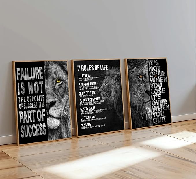 3Pcs Inspirational Lion Wall Art Motivational Black and White Inspiring Animal 7 rules of life Quotes Posters Pictures Wall Decor Canvas Print Artwork for Office Living Room Home Decoration Unframed